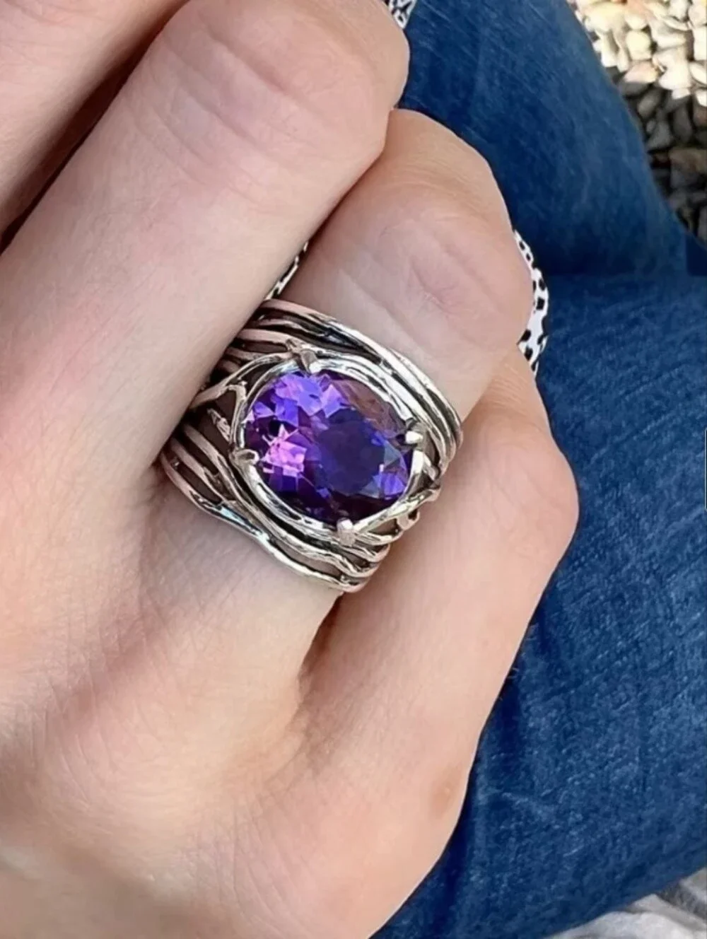 Amethyst Glass Stone Silver Boho Fashion Ring - Size 8